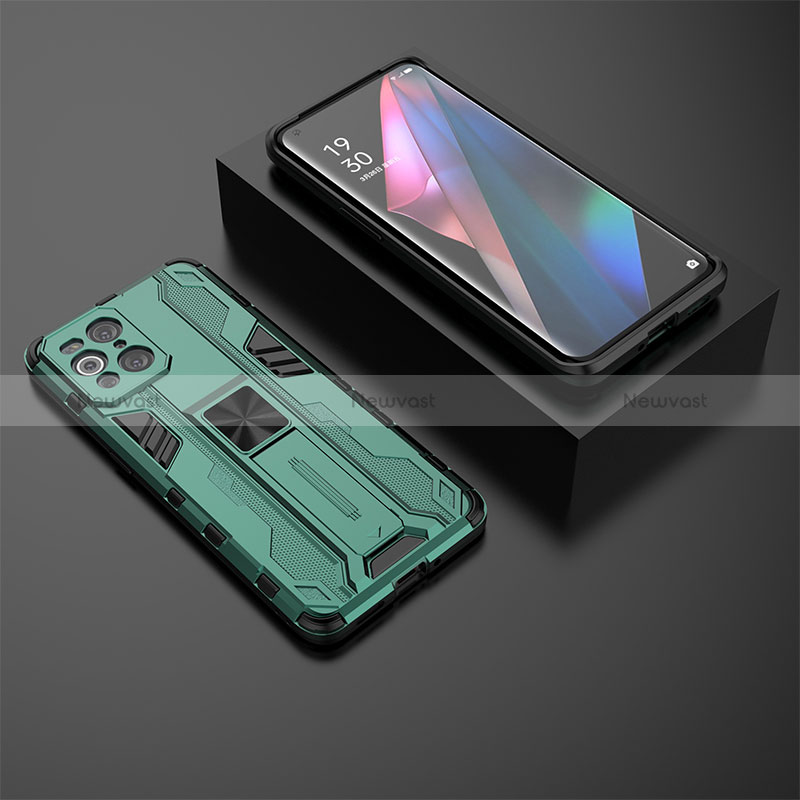 Silicone Matte Finish and Plastic Back Cover Case with Magnetic Stand T02 for Oppo Find X3 5G Green