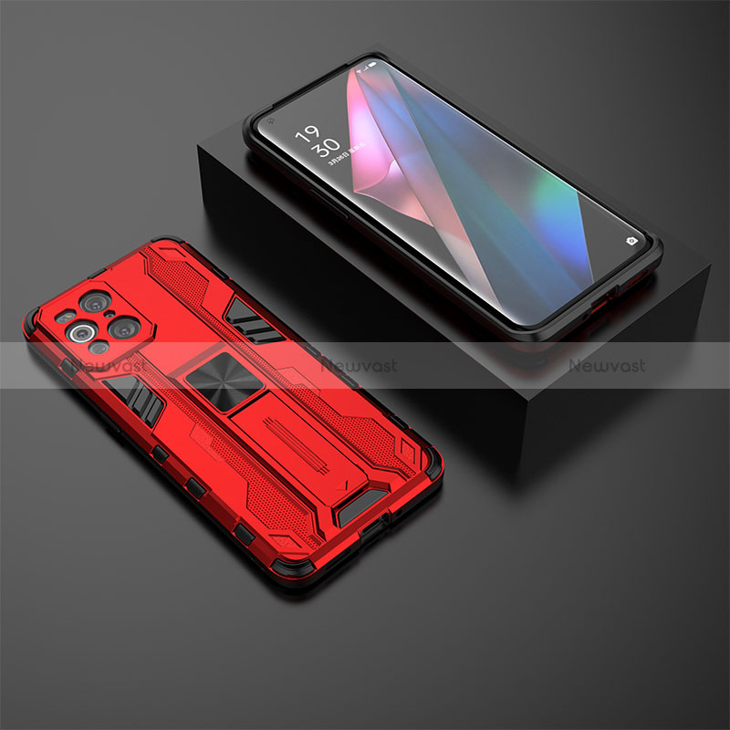 Silicone Matte Finish and Plastic Back Cover Case with Magnetic Stand T02 for Oppo Find X3 5G Red