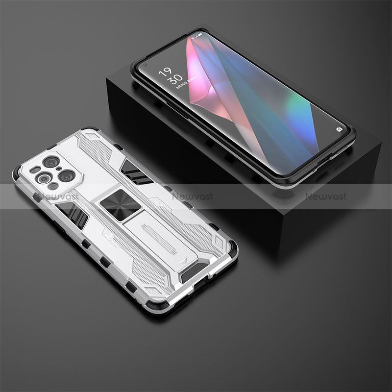 Silicone Matte Finish and Plastic Back Cover Case with Magnetic Stand T02 for Oppo Find X3 5G White