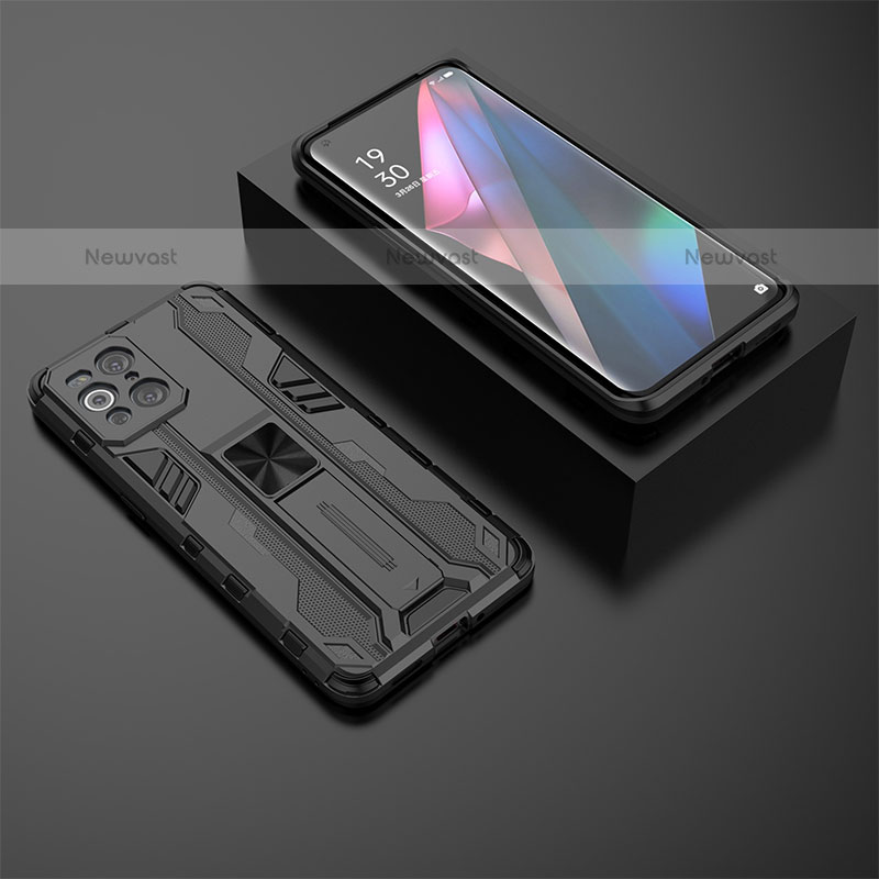 Silicone Matte Finish and Plastic Back Cover Case with Magnetic Stand T02 for Oppo Find X3 Pro 5G Black