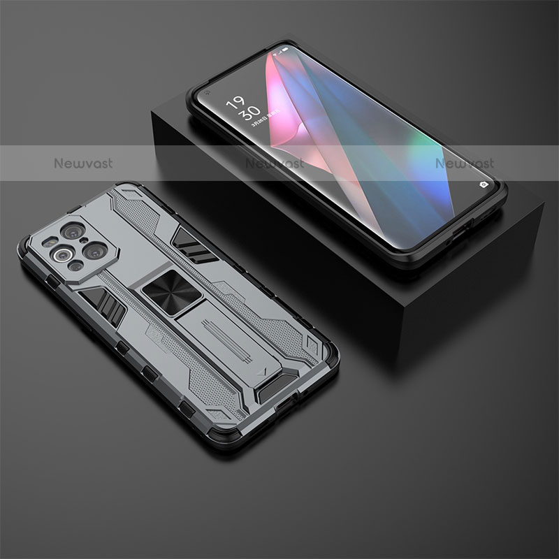 Silicone Matte Finish and Plastic Back Cover Case with Magnetic Stand T02 for Oppo Find X3 Pro 5G Gray