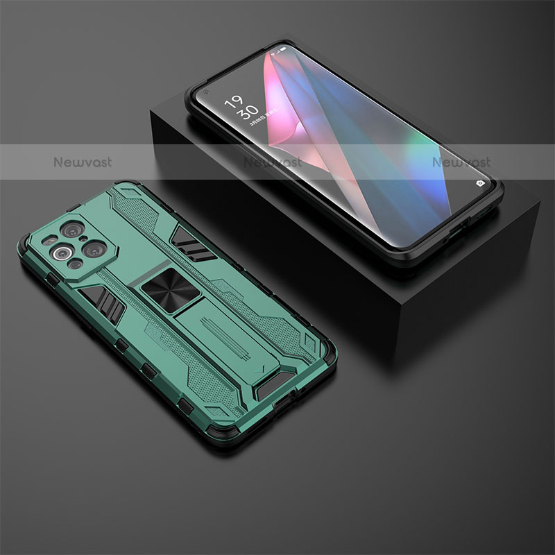 Silicone Matte Finish and Plastic Back Cover Case with Magnetic Stand T02 for Oppo Find X3 Pro 5G Green