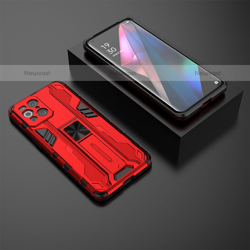 Silicone Matte Finish and Plastic Back Cover Case with Magnetic Stand T02 for Oppo Find X3 Pro 5G Red