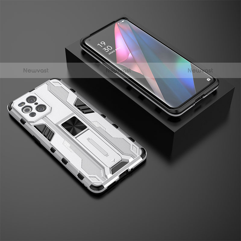 Silicone Matte Finish and Plastic Back Cover Case with Magnetic Stand T02 for Oppo Find X3 Pro 5G White