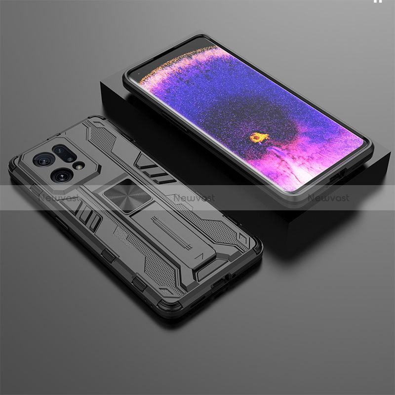 Silicone Matte Finish and Plastic Back Cover Case with Magnetic Stand T02 for Oppo Find X5 5G Black