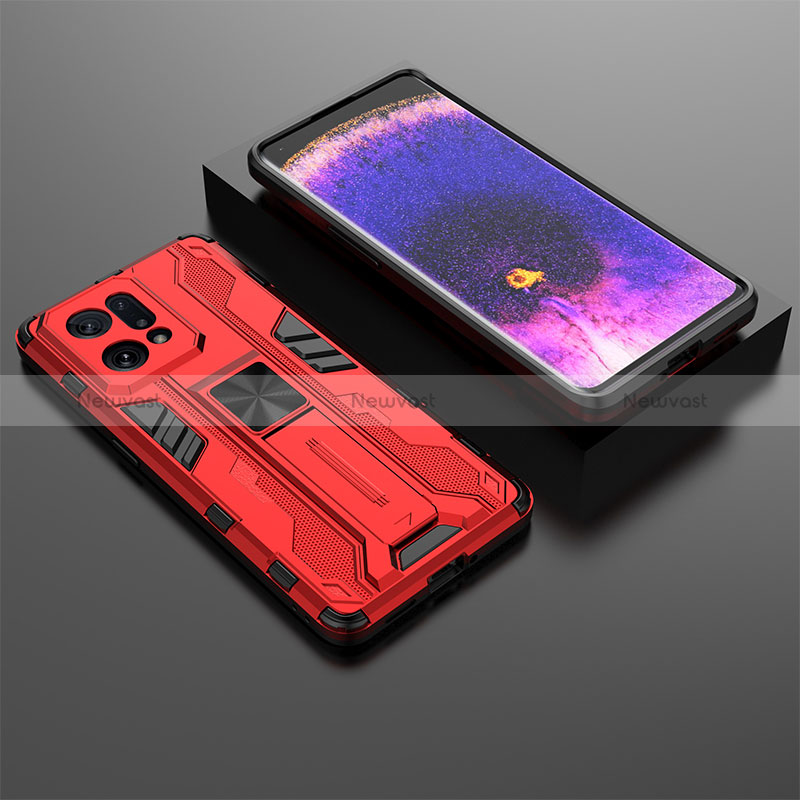 Silicone Matte Finish and Plastic Back Cover Case with Magnetic Stand T02 for Oppo Find X5 5G Red