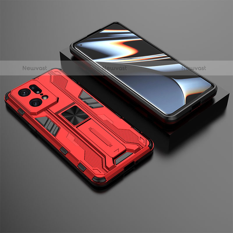 Silicone Matte Finish and Plastic Back Cover Case with Magnetic Stand T02 for Oppo Find X5 Pro 5G Red