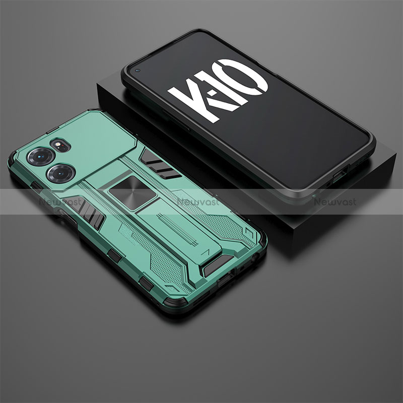Silicone Matte Finish and Plastic Back Cover Case with Magnetic Stand T02 for Oppo K10 5G Green