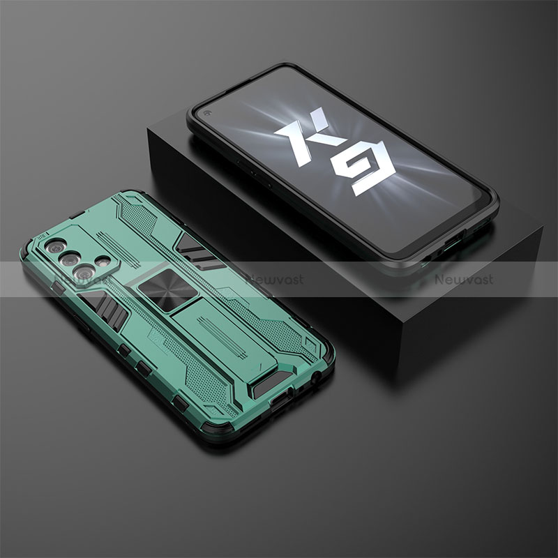 Silicone Matte Finish and Plastic Back Cover Case with Magnetic Stand T02 for Oppo K9 5G Green