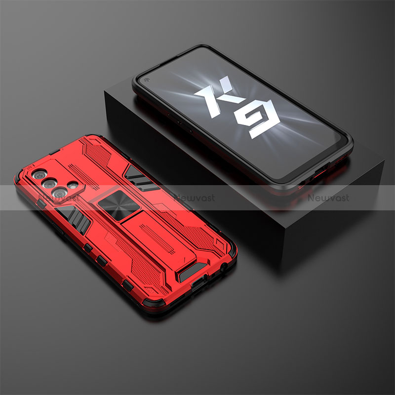 Silicone Matte Finish and Plastic Back Cover Case with Magnetic Stand T02 for Oppo K9 5G Red