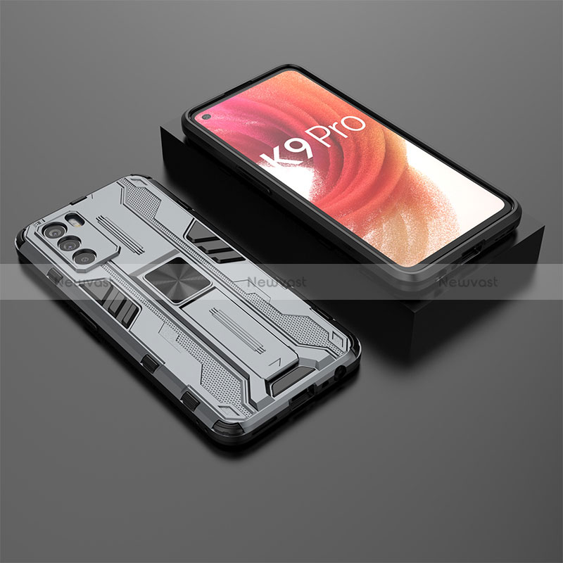 Silicone Matte Finish and Plastic Back Cover Case with Magnetic Stand T02 for Oppo K9 Pro 5G Gray