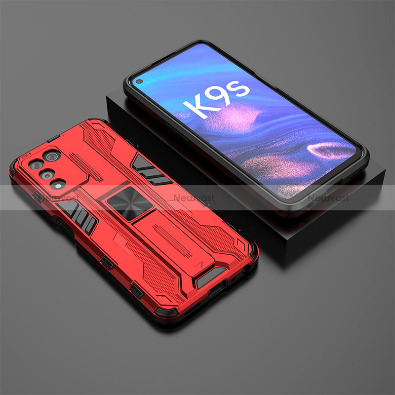 Silicone Matte Finish and Plastic Back Cover Case with Magnetic Stand T02 for Oppo K9S 5G Red