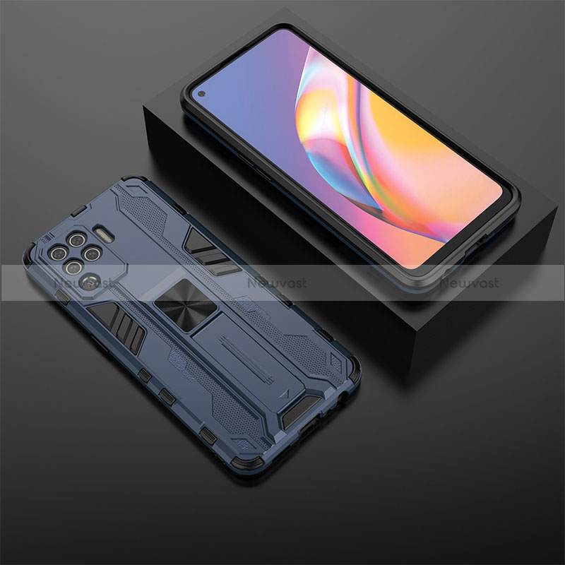 Silicone Matte Finish and Plastic Back Cover Case with Magnetic Stand T02 for Oppo Reno5 F Blue