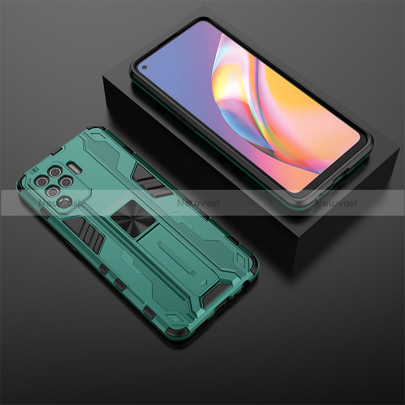 Silicone Matte Finish and Plastic Back Cover Case with Magnetic Stand T02 for Oppo Reno5 F Green