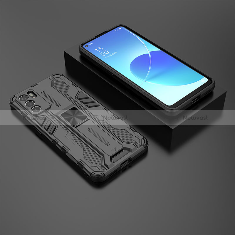 Silicone Matte Finish and Plastic Back Cover Case with Magnetic Stand T02 for Oppo Reno6 5G Black