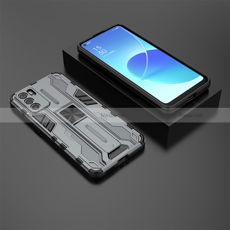 Silicone Matte Finish and Plastic Back Cover Case with Magnetic Stand T02 for Oppo Reno6 5G Gray