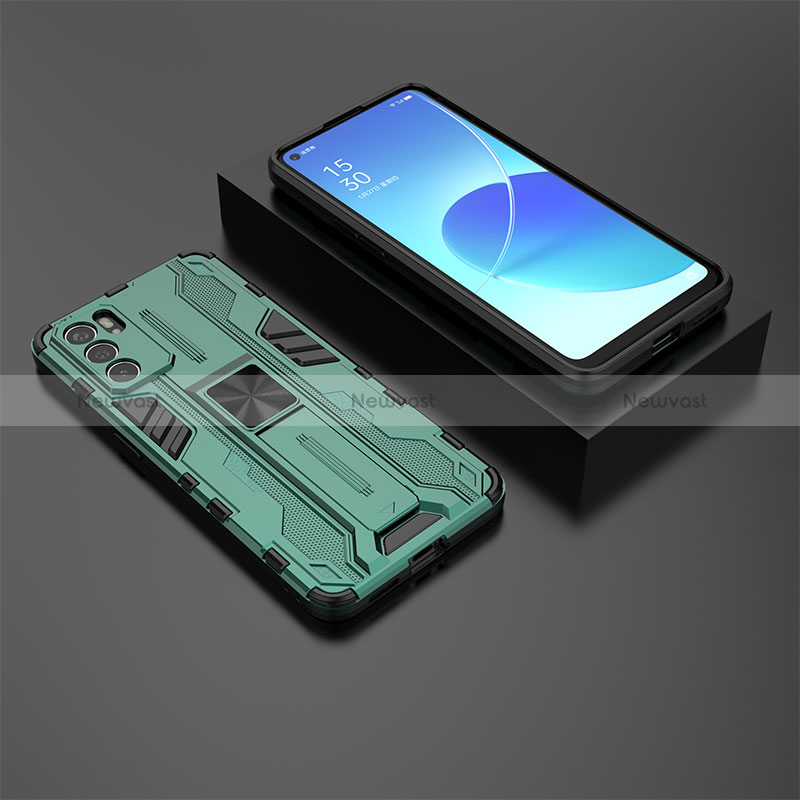 Silicone Matte Finish and Plastic Back Cover Case with Magnetic Stand T02 for Oppo Reno6 5G Green