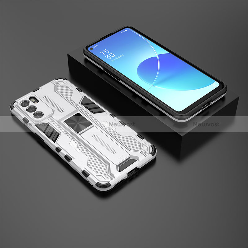 Silicone Matte Finish and Plastic Back Cover Case with Magnetic Stand T02 for Oppo Reno6 5G White