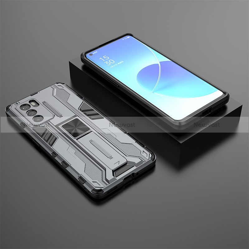 Silicone Matte Finish and Plastic Back Cover Case with Magnetic Stand T02 for Oppo Reno6 Pro 5G India Gray