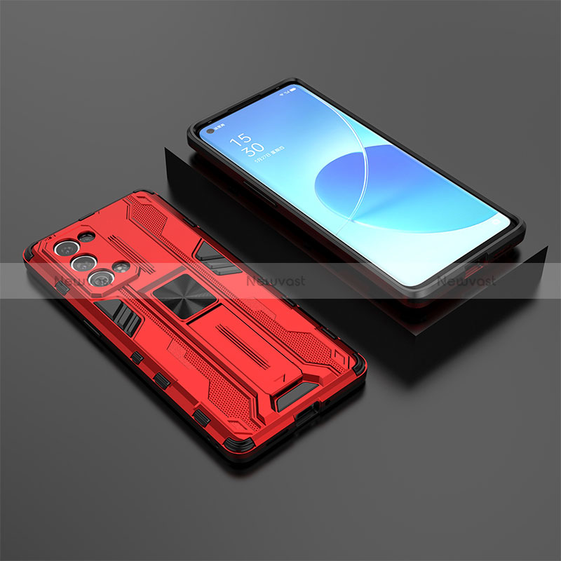 Silicone Matte Finish and Plastic Back Cover Case with Magnetic Stand T02 for Oppo Reno6 Pro 5G Red