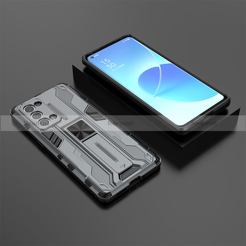 Silicone Matte Finish and Plastic Back Cover Case with Magnetic Stand T02 for Oppo Reno6 Pro+ Plus 5G