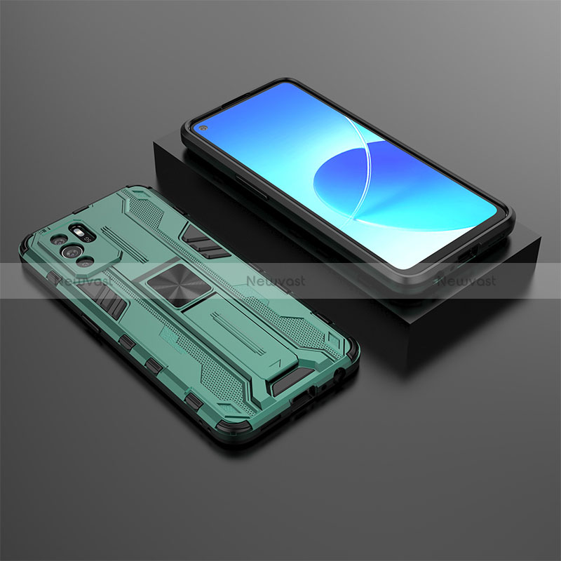 Silicone Matte Finish and Plastic Back Cover Case with Magnetic Stand T02 for Oppo Reno6 Z 5G Green