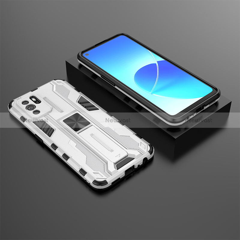 Silicone Matte Finish and Plastic Back Cover Case with Magnetic Stand T02 for Oppo Reno6 Z 5G White