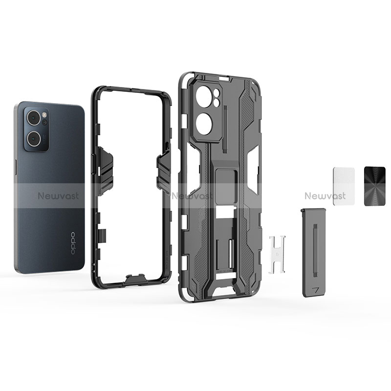 Silicone Matte Finish and Plastic Back Cover Case with Magnetic Stand T02 for Oppo Reno7 5G