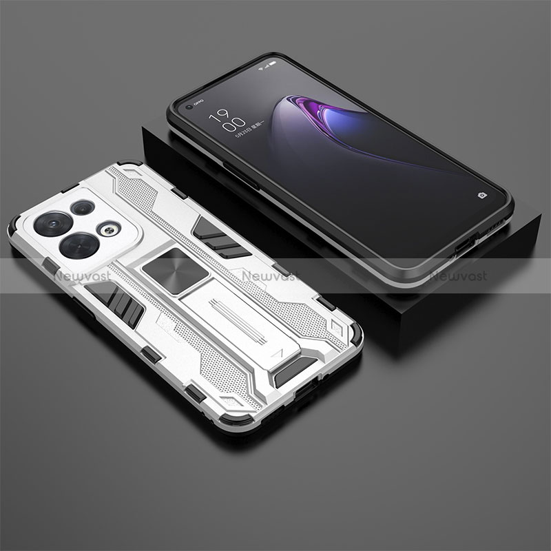 Silicone Matte Finish and Plastic Back Cover Case with Magnetic Stand T02 for Oppo Reno8 5G White