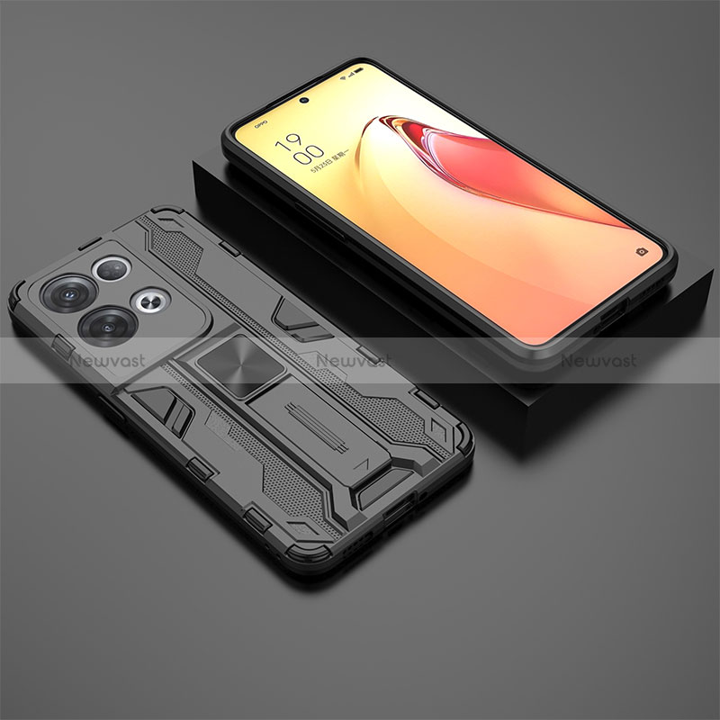 Silicone Matte Finish and Plastic Back Cover Case with Magnetic Stand T02 for Oppo Reno8 Pro 5G Black