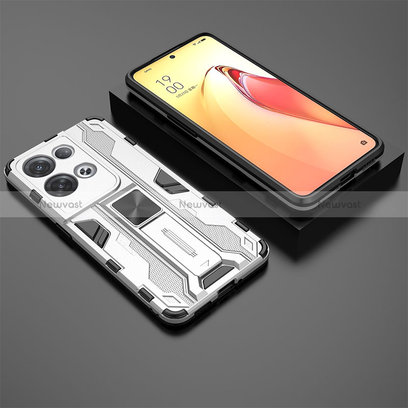 Silicone Matte Finish and Plastic Back Cover Case with Magnetic Stand T02 for Oppo Reno8 Pro+ Plus 5G White