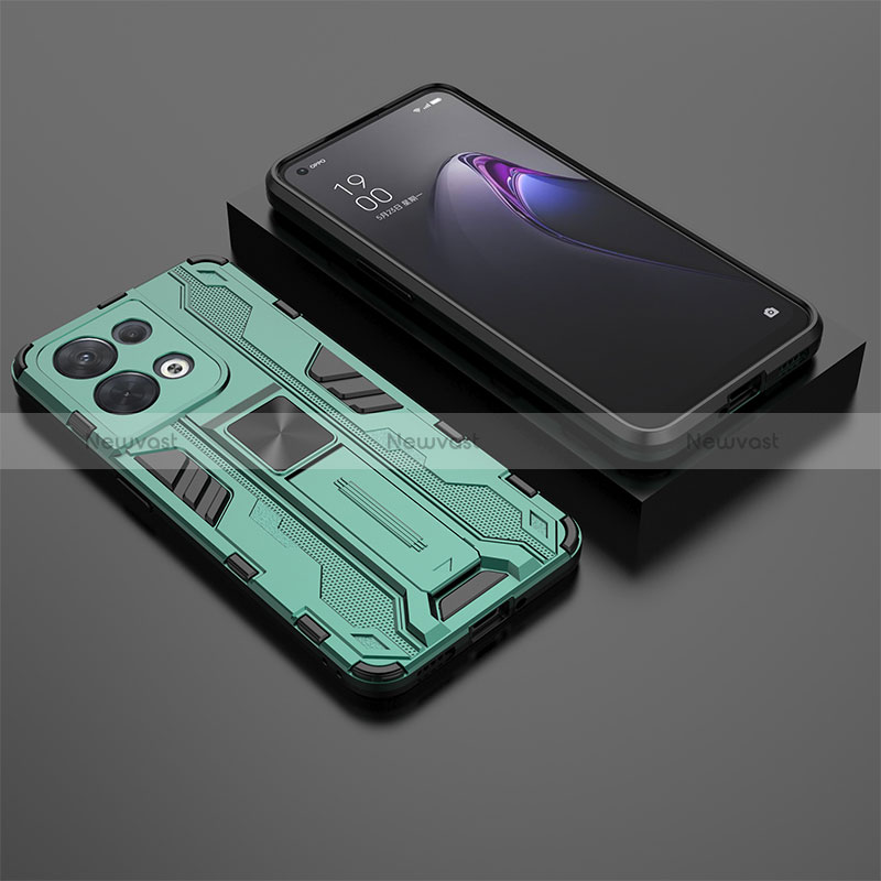 Silicone Matte Finish and Plastic Back Cover Case with Magnetic Stand T02 for Oppo Reno9 5G Green