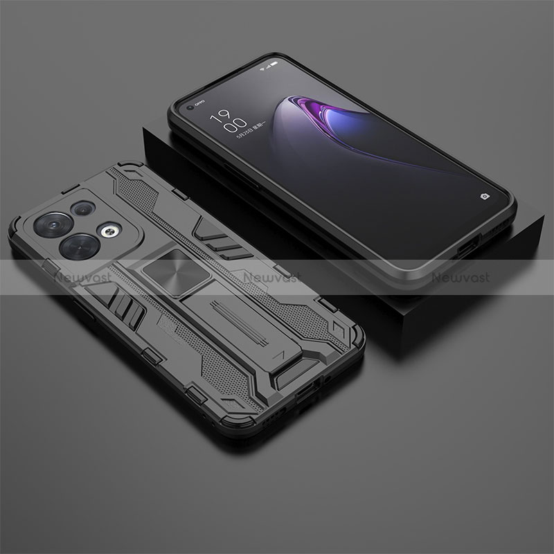 Silicone Matte Finish and Plastic Back Cover Case with Magnetic Stand T02 for Oppo Reno9 Pro 5G Black