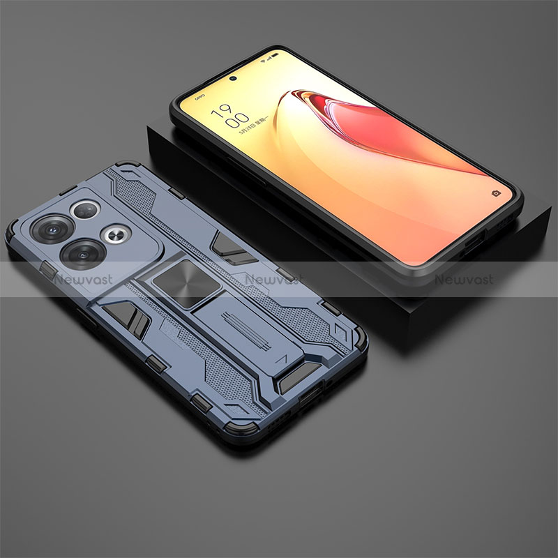 Silicone Matte Finish and Plastic Back Cover Case with Magnetic Stand T02 for Oppo Reno9 Pro+ Plus 5G Blue