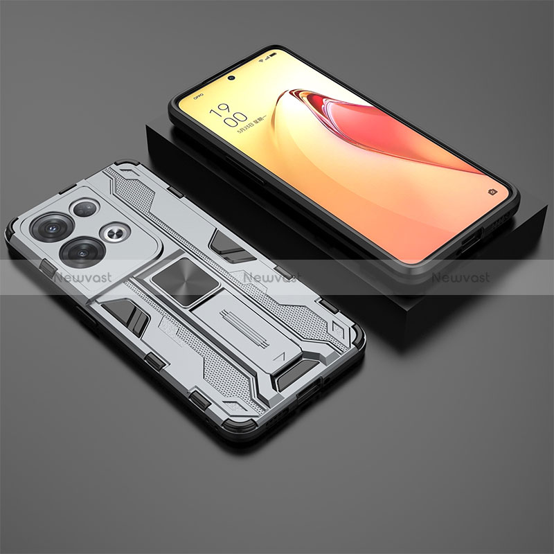 Silicone Matte Finish and Plastic Back Cover Case with Magnetic Stand T02 for Oppo Reno9 Pro+ Plus 5G Gray