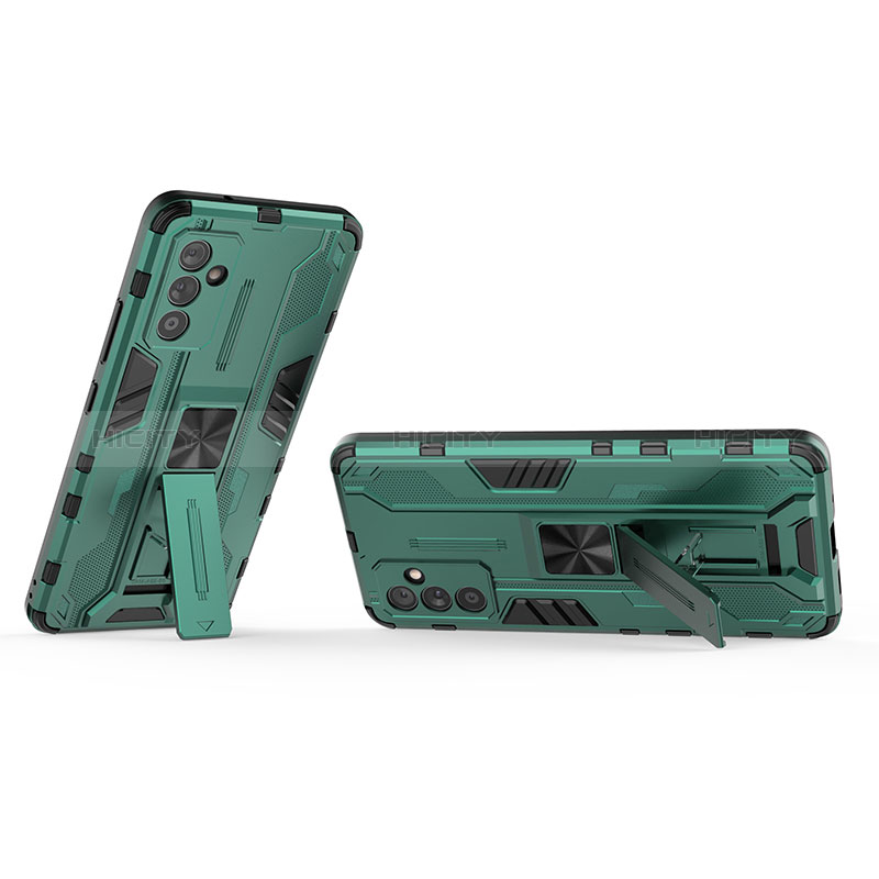 Silicone Matte Finish and Plastic Back Cover Case with Magnetic Stand T02 for Samsung Galaxy A05s Green