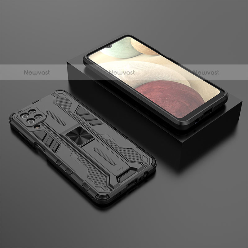 Silicone Matte Finish and Plastic Back Cover Case with Magnetic Stand T02 for Samsung Galaxy A12 Black