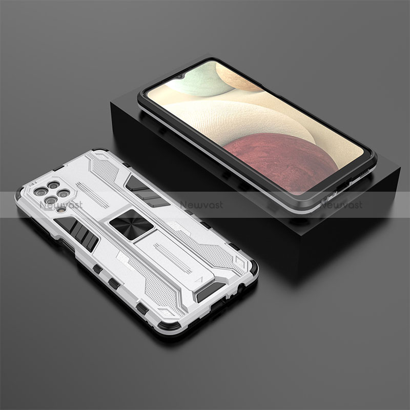 Silicone Matte Finish and Plastic Back Cover Case with Magnetic Stand T02 for Samsung Galaxy A12 Nacho White