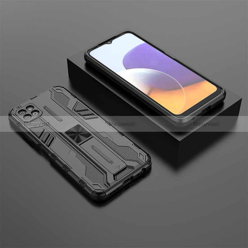 Silicone Matte Finish and Plastic Back Cover Case with Magnetic Stand T02 for Samsung Galaxy A22 5G Black