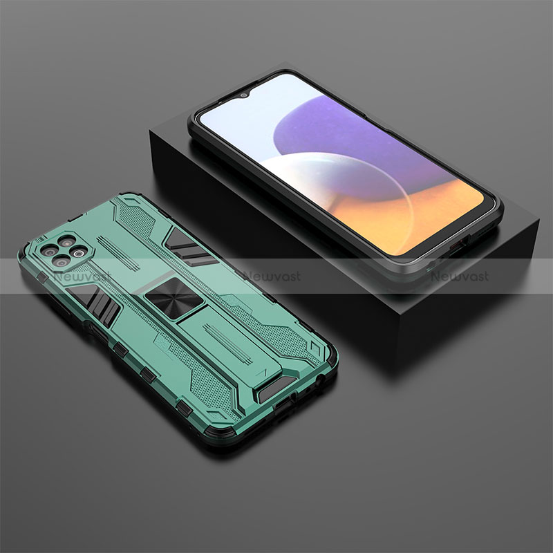 Silicone Matte Finish and Plastic Back Cover Case with Magnetic Stand T02 for Samsung Galaxy A22 5G Green