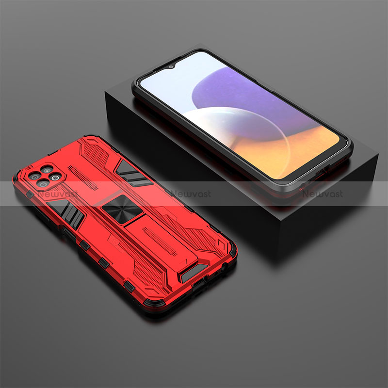 Silicone Matte Finish and Plastic Back Cover Case with Magnetic Stand T02 for Samsung Galaxy A22 5G Red