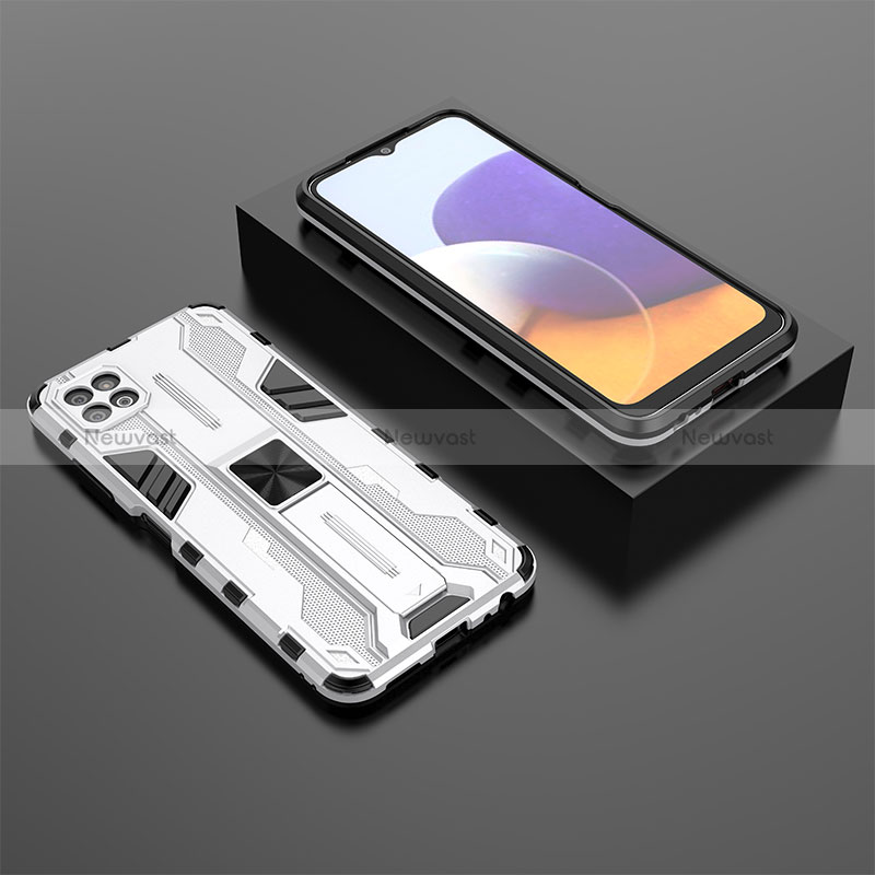 Silicone Matte Finish and Plastic Back Cover Case with Magnetic Stand T02 for Samsung Galaxy A22 5G White