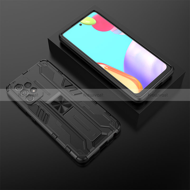 Silicone Matte Finish and Plastic Back Cover Case with Magnetic Stand T02 for Samsung Galaxy A52 4G Black