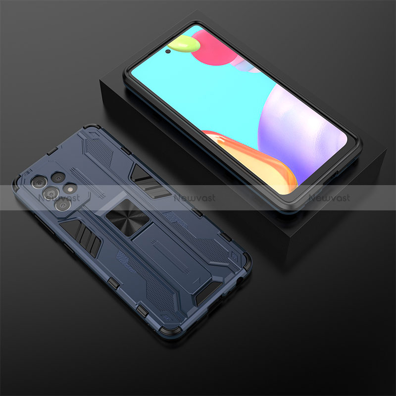 Silicone Matte Finish and Plastic Back Cover Case with Magnetic Stand T02 for Samsung Galaxy A52 4G Blue