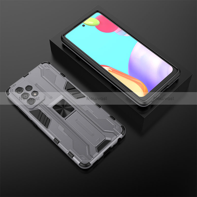 Silicone Matte Finish and Plastic Back Cover Case with Magnetic Stand T02 for Samsung Galaxy A52 4G Gray