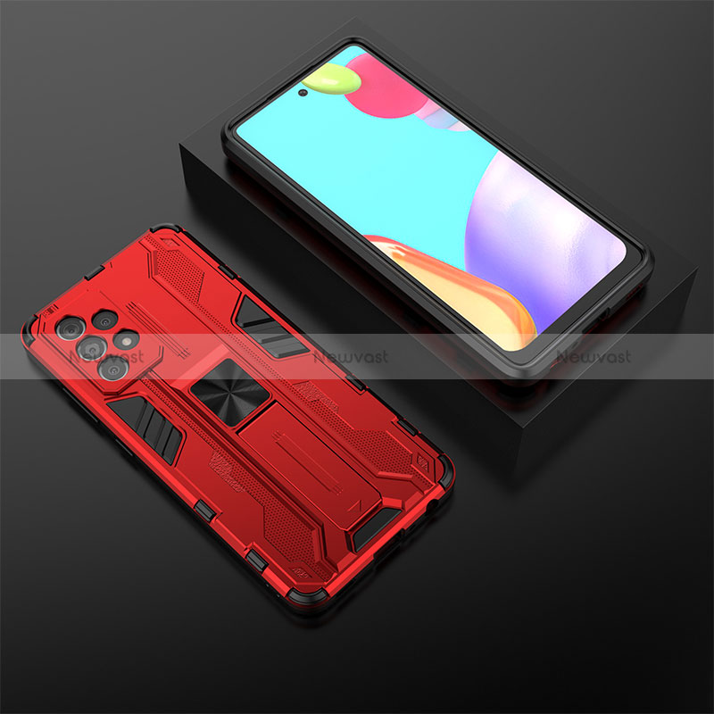 Silicone Matte Finish and Plastic Back Cover Case with Magnetic Stand T02 for Samsung Galaxy A52s 5G Red