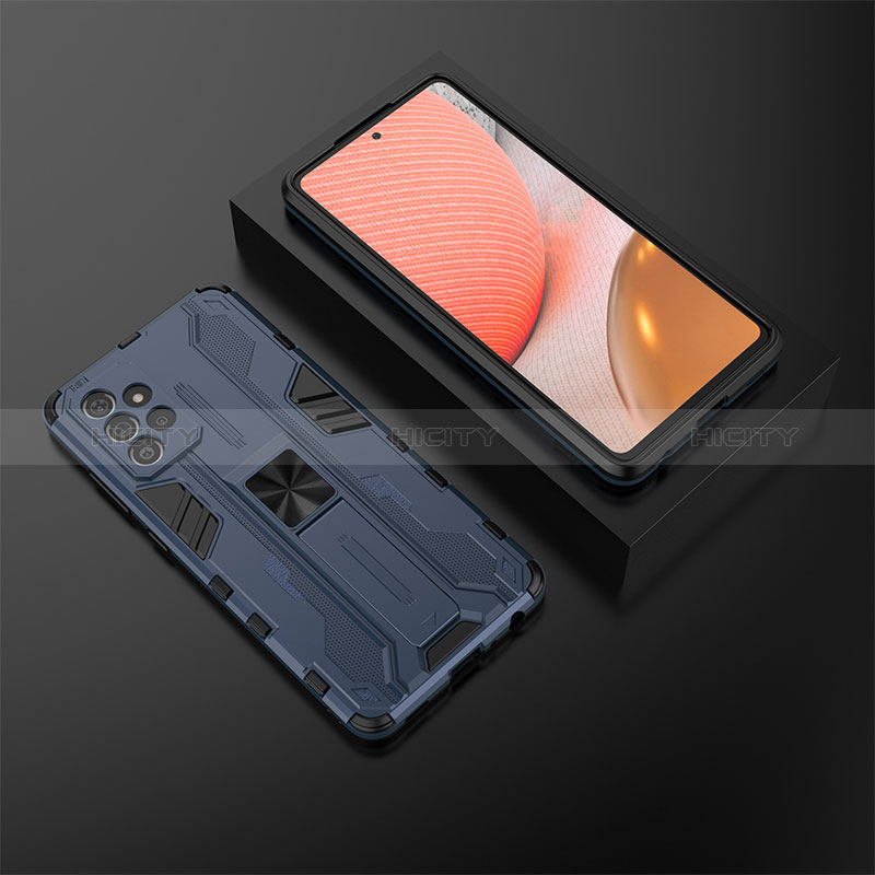 Silicone Matte Finish and Plastic Back Cover Case with Magnetic Stand T02 for Samsung Galaxy A72 4G Blue