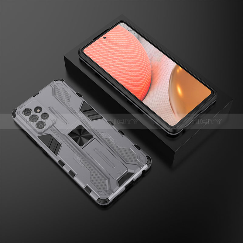 Silicone Matte Finish and Plastic Back Cover Case with Magnetic Stand T02 for Samsung Galaxy A72 4G Gray