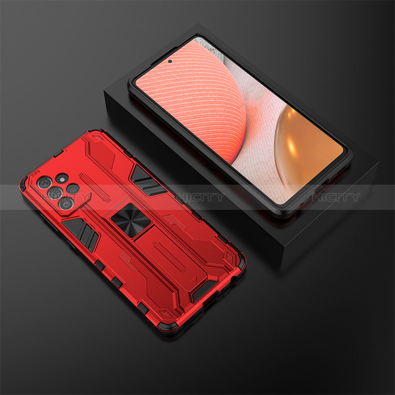 Silicone Matte Finish and Plastic Back Cover Case with Magnetic Stand T02 for Samsung Galaxy A72 4G Red