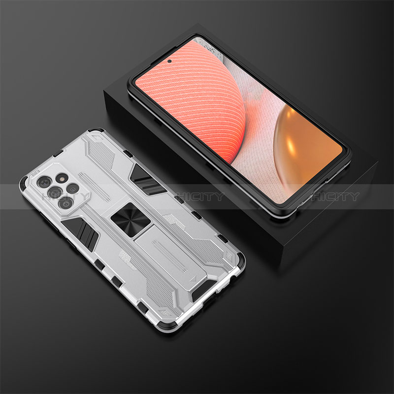 Silicone Matte Finish and Plastic Back Cover Case with Magnetic Stand T02 for Samsung Galaxy A72 4G White